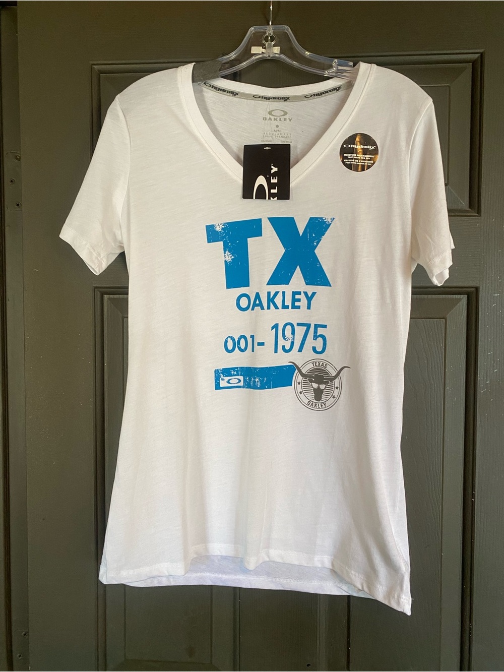 Oakley White V-Neck Tee with Blue TX Graphic